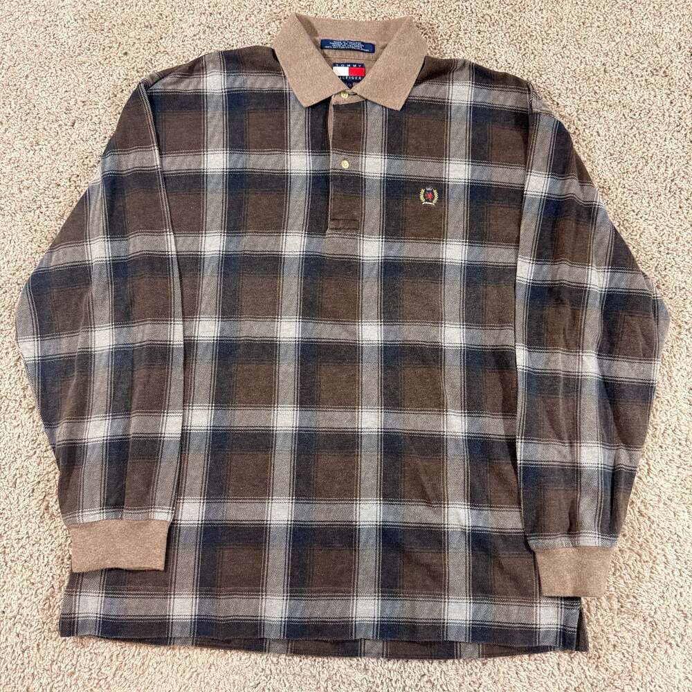 Vintage Tommy Hilfiger Plaid Rugby Polo Shirt Brown Blue Long Sleeve L EUC